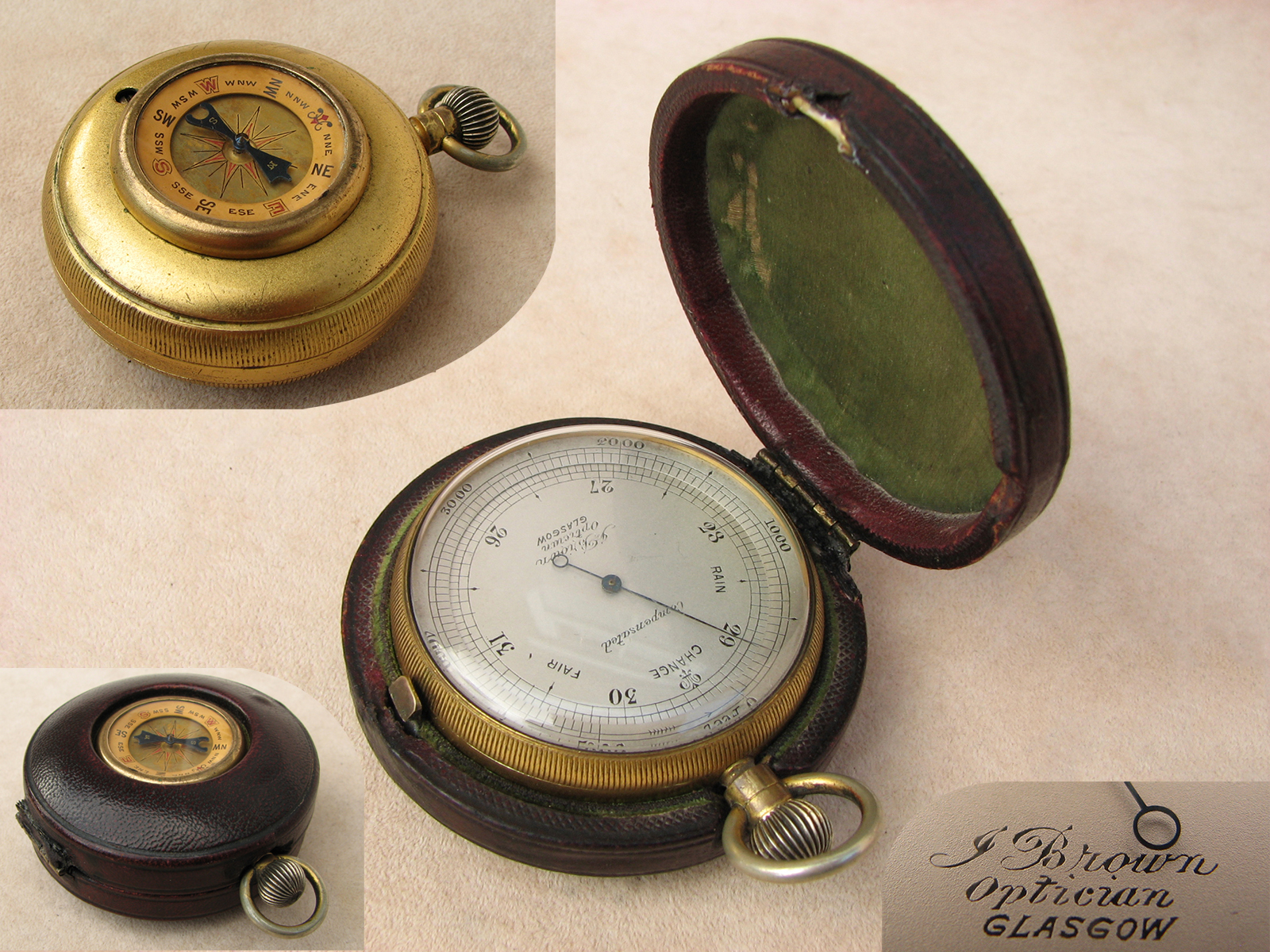 James Brown Victorian pocket barometer and compass compendium in case